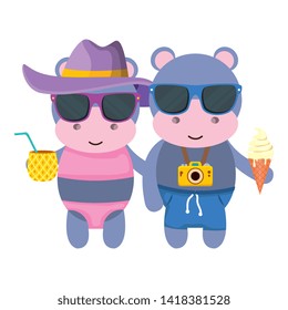 hippos couple with photographic camera and cocktail