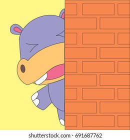 Hippos hide behind the wall