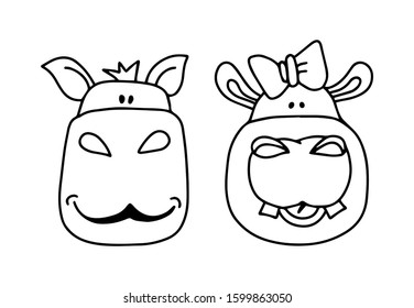 Hippos man, girl couple funny animals. Cute savanna two river-horse in doodle style isolated on white background. Vector outline stock illustration.Textile kids print on t shirt.Coloring page,sticker.