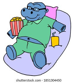 hippos are relaxing on the bed eating popcorn. cartoon illustration sticker mascot emoticon