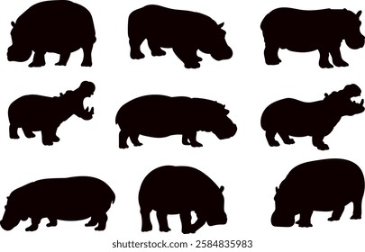 hippos set silhouette on white background vector