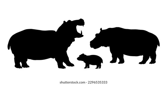 Hippos. Silhouette of hippos and baby hippo. Animal Family. Isolated. Vector illustration