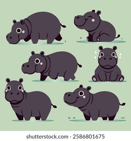 Hippos in various poses, in vector format, for stickers, decorations, cartoons, props, patterns, and more.