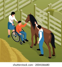 Hippotherapy Isometric Background With Disabled Man Sitting In Wheelchair Petting Horse Under Control Of Stableman Vector Illustration