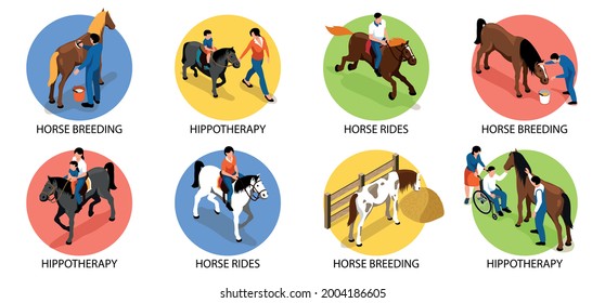 Hippotherapy round compositions set with people riding stroking and looking after horses isolated 3d isometric vector illustration