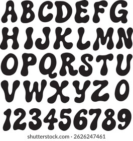 Hippy 60s Retro Wobbly  typography font lettering ABC cartoon vector text
