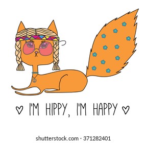 Hippy cat, sketch doodle drawing, poster, postcard and t-shirt print, vector EPS 10
