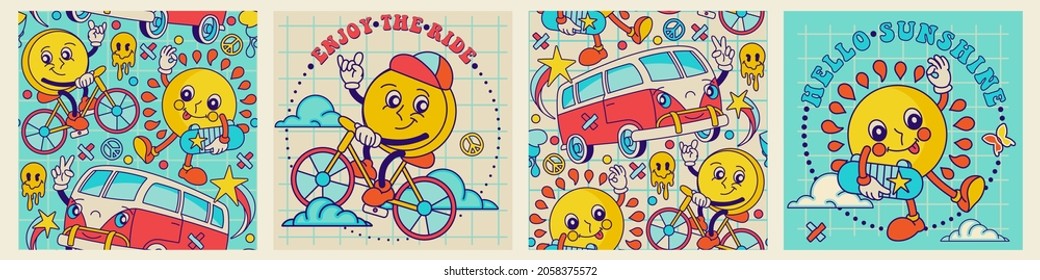  Hippy character concepts of 
emoticon riding by bicycle, hippie van, fun sun. Groovy square 
seamless pattern, funky poster, 
70's stickers . Retro print with 
hippie motivational slogan.