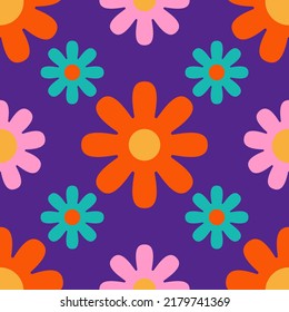 Hippy floral seamless pattern on a purple background. Bright background with cute flowers in 1970s flat cartoon style. Can be used as a wallpaper, wrapping paper, textile print etc.