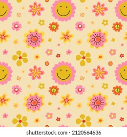 Hippy flower seamless pattern. Hippie style blossoms, retro vintage background, 60s and 70s abstract, bright colors childish cute decor. Decor textile, wrapping paper wallpaper, vector print