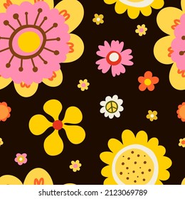Patrón sin fisuras de flor hippy. Flores de estilo hippie, fondo retro vintage, decoración infantil adorable con colores vivos abstractos de los años 60 y 70. Decoración textil, papel tapizado de papel, impresión vectorial