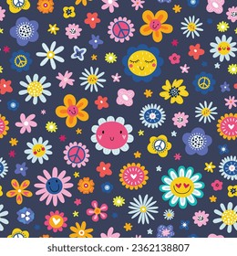 Patrón de flores hippy. Flores de estilo caricaturista, elementos decorativos retro vintage dibujados a mano, flores abstractas de los años 60 y 70, colores brillantes decoración infantil adorable, objetos de doodle paz y caras graciosas vector