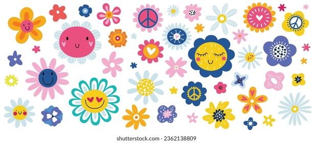 Hippy flowers set. Cartoon style blossoms, retro vintage hand drawn decorative elements, 60s and 70s abstract flower, bright colors childish cute decor, doodle objects peace and funny faces vector