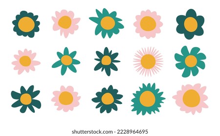 Hippy flowers set. Doodle flowers. 60s, 70s abstract flower. Flat design. Kids logo design with flowers vector set.  Floral design, naive art, infantile style art. All elements are isolated.