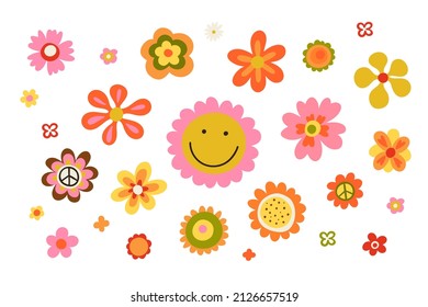 Hippy flowers set  Hippie style blossoms  retro vintage hand drawn decorative elements  60s   70s abstract flower  bright colors childish cute decor  doodle objects peace   funny faces vector