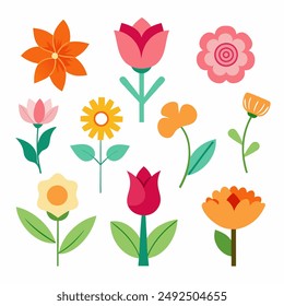 Hippy flowers set. Hippie style blossoms, retro vintage hand drawn decorative elements, 60s and 70s abstract flower, bright colors childish cute decor, doodle objects peace and funny faces vector