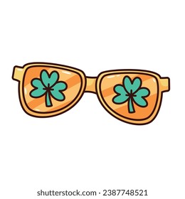 Hippy glasses with shamrocks vector illustration. Cartoon isolated groovy yellow sunglasses with lucky green clover for disco trippy party on St Patricks Day, retro hippie sticker with shamrock