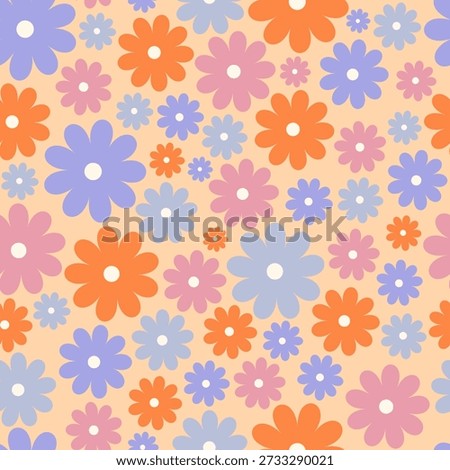 Hippy groovy daisy flowers seamless pattern in pastel colors. Multicolored flowers in 70s style. Vintage vector background for printing, paper, wallpaper, textiles, wrapping, packaging.
