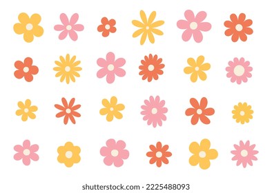 Hippy groovy daisy flowers set. Retro vintage  style, hand drawn decorative elements. 60s, 70s, icon flower, pastel colors, kids cute decor. Flat cartoon illustration.