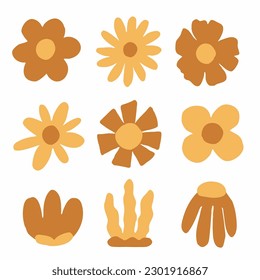 Hippy groovy daisy flowers set. Retro vintage style, hand drawn decorative floral elements. 60s, 70s, icon flower, pastel colors, kids cute decor. Flat cartoon illustration.