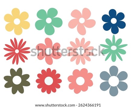 Hippy groovy daisy flowers set. Retro vintage style, hand drawn decorative elements. icon flower, pastel colors, kids cute decor. simple flowers, daisies, basic floral shapes silhouettes 