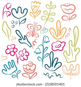Hippy groovy flowers set. Retro vintage style, hand drawn decorative elements. 60s, 70s, icon flower, pastel colors, kids cute decor