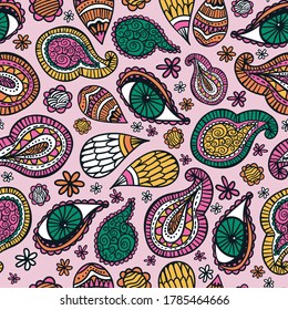 Hippy Indian paisley and eye vector repeat pattern design. Great for home decor, wrapping, scrapbooking, wallpaper, gift, kids, apparel. 
