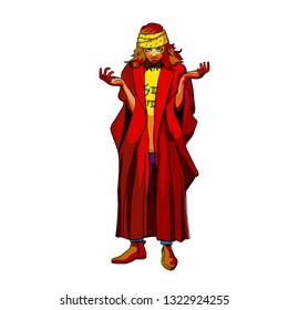 hippy, magician, bandanna, raised hands, red robe