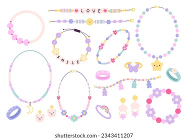 Hippy plastic beads, bracelets friendship. Diy bracelet and kids accessories. Craft handmade necklace, fashion children rings racy vector set