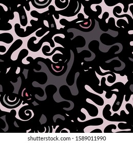 Hippy Print.  Modern Seamless Pattern.  Gray, Bordo Summer Hand Drawn. Linear Collage. Bizarre Street Art. Creative Trendy Style. Abstract, Contrast Shape. Doodle Crazy Vector Background.
