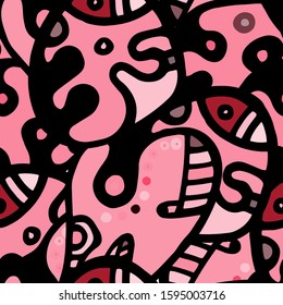 Hippy Print.  Modern Seamless Pattern.  Gray, Bordo Summer Hand Drawn. Linear Collage. Bizarre Street Art. Creative Trendy Style. Abstract, Contrast Shape. Doodle Crazy Vector Background.
