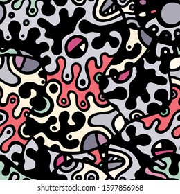 Hippy Print.  Modern Seamless Pattern.  Gray, Bordo Fantasy Hand Drawn. Linear Collage. Bizarre Street Art. Creative Trendy Style. Abstract, Contrast Shape. Doodle Crazy Vector Background.
