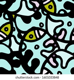 Hippy Print.  Modern Seamless Pattern.  Mint, Turquoise Funky Hand Drawn. Linear Collage. Bizarre Street Art. Creative Trendy Style. Abstract, Contrast Shape. Doodle Crazy Vector Background.
