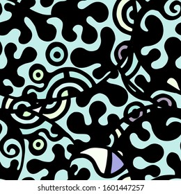 Hippy Print.  Modern Seamless Pattern.  Mint, Turquoise Chaotic Hand Drawn. Linear Collage. Bizarre Street Art. Creative Trendy Style. Abstract, Contrast Shape. Doodle Crazy Vector Background.
