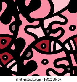 Hippy Print.  Modern Seamless Pattern.  Gray, Bordo Cool Hand Drawn. Linear Collage. Bizarre Street Art. Creative Trendy Style. Abstract, Contrast Shape. Doodle Crazy Vector Background.