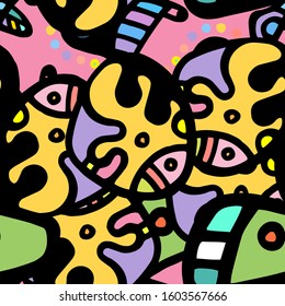 Hippy Print.  Modern Seamless Pattern.  Color, Multicolor Chaotic Hand Drawn. Linear Collage. Bizarre Street Art. Creative Trendy Style. Abstract, Contrast Shape. Doodle Crazy Vector Background.

