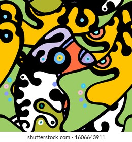 Hippy Print.  Modern Seamless Pattern.  Color, Multicolor Fantasy Hand Drawn. Linear Collage. Bizarre Street Art. Creative Trendy Style. Abstract, Contrast Shape. Doodle Crazy Vector Background.
