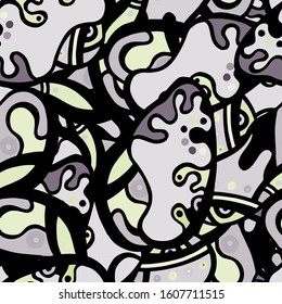 Hippy Print.  Modern Seamless Pattern.  Black, Yellow Cool Hand Drawn. Linear Collage. Bizarre Street Art. Creative Trendy Style. Abstract, Contrast Shape. Doodle Crazy Vector Background.
