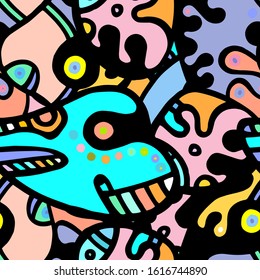 Hippy Print.  Modern Seamless Pattern.  Color, Multicolor Fantasy Hand Drawn. Linear Collage. Bizarre Street Art. Creative Trendy Style. Abstract, Contrast Shape. Doodle Crazy Vector Background.
