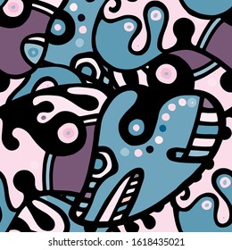 Hippy Print.  Modern Seamless Pattern.  Blue, Purple Fun Hand Drawn. Linear Collage. Bizarre Street Art. Creative Trendy Style. Abstract Contrast Shape. Doodle Crazy Vector Background.
