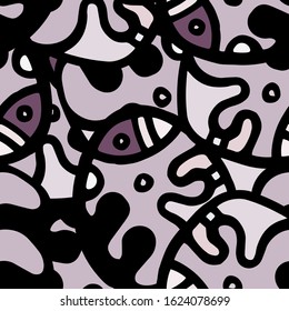 Hippy Print.  Modern Seamless Pattern.  Gray, Bordo Funky Hand Drawn. Linear Collage. Bizarre Street Art. Creative Trendy Style. Abstract, Contrast Shape. Doodle Crazy Vector Background.
