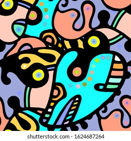 Hippy Print.  Modern Seamless Pattern.  Color, Multicolor Fun Hand Drawn. Linear Collage. Bizarre Street Art. Creative Trendy Style. Abstract, Contrast Shape. Doodle Crazy Vector Background.
