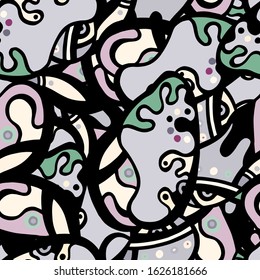 Hippy Print.  Modern Seamless Pattern.  Gray, Bordo Fun Hand Drawn. Linear Collage. Bizarre Street Art. Creative Trendy Style. Abstract, Contrast Shape. Doodle Crazy Vector Background.

