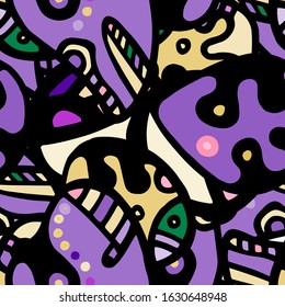 Hippy Print.  Modern Seamless Pattern.  Color, Multicolor Chaotic Hand Drawn. Linear Collage. Bizarre Street Art. Creative Trendy Style. Abstract, Contrast Shape. Doodle Crazy Vector Background.
