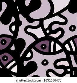 Hippy Print.  Modern Seamless Pattern.  Gray, Bordo Funky Hand Drawn. Linear Collage. Bizarre Street Art. Creative Trendy Style. Abstract, Contrast Shape. Doodle Crazy Vector Background.
