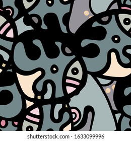 Hippy Print.  Modern Seamless Pattern.  Black, Yellow Cool Hand Drawn. Linear Collage. Bizarre Street Art. Creative Trendy Style. Abstract, Contrast Shape. Doodle Crazy Vector Background.
