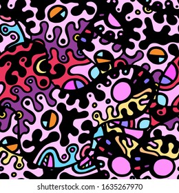 Hippy Print.  Modern Seamless Pattern.  Color, Multicolor Fantasy Hand Drawn. Linear Collage. Bizarre Street Art. Creative Trendy Style. Abstract, Contrast Shape. Doodle Crazy Vector Background.
