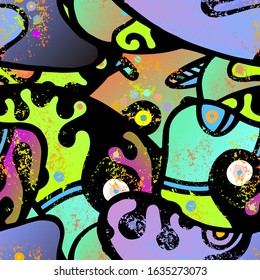 Hippy Print.  Modern Seamless Pattern.  Grafiti Packaging. Summer Hand Drawn. Linear Collage. Bizarre Street Art. Creative Trendy Style. Abstract Contrast Shape. Doodle Crazy Vector Background.
