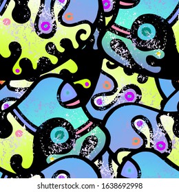 Hippy Print.  Modern Seamless Pattern.  Color Surface. Doodle Crazy Vector Background.
