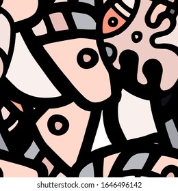 Hippy Print.  Modern Seamless Pattern.  Gray, Bordo Chaotic Hand Drawn. Linear Collage. Bizarre Street Art. Creative Trendy Style. Abstract, Contrast Shape. Doodle Crazy Vector Background.
